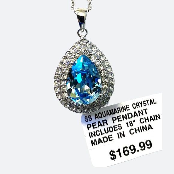 Sterling Silver Aquamarine Gemstone Necklace With Crystal Accents - Picture 8 of 8